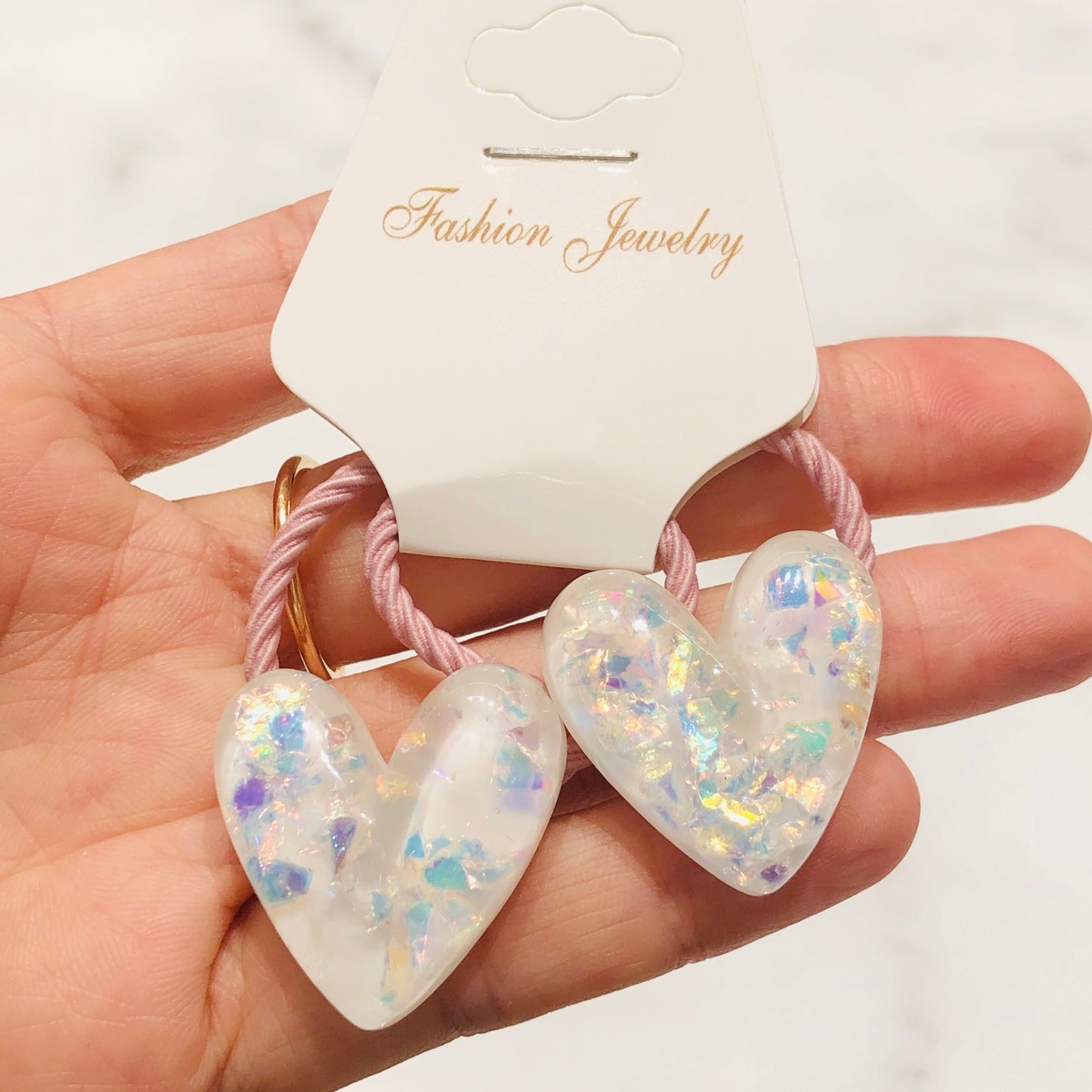 2Pcs Holographic Shimmer Heart Children Elastic Hair Bands Kids Art Hair Ties