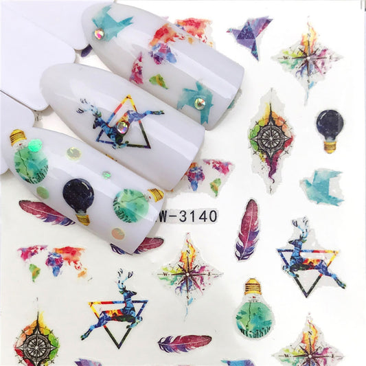 Multicolor Geometric Feather Light Bulb Nail Sticker Summer Nail Design