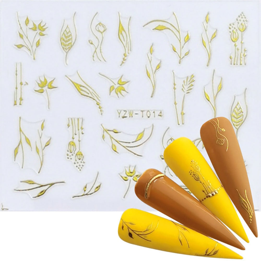 Gold Pointy Plants Nail Stickers Manicure Nails Decal Self-adhesive DIY Nail Art