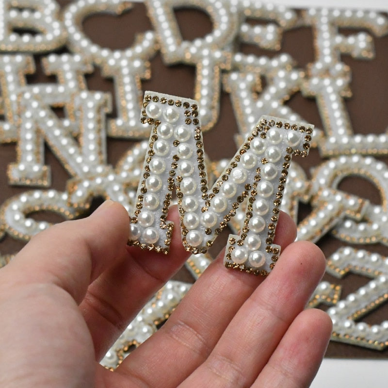 A-Z Alphabet 1Pcs Letter Patches Pearl Rhinestone Alphabet Patches For Clothes