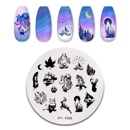 Wolf Trees Nature Nail Stamping Plates Stencil Tools Template Plate Mold Nail