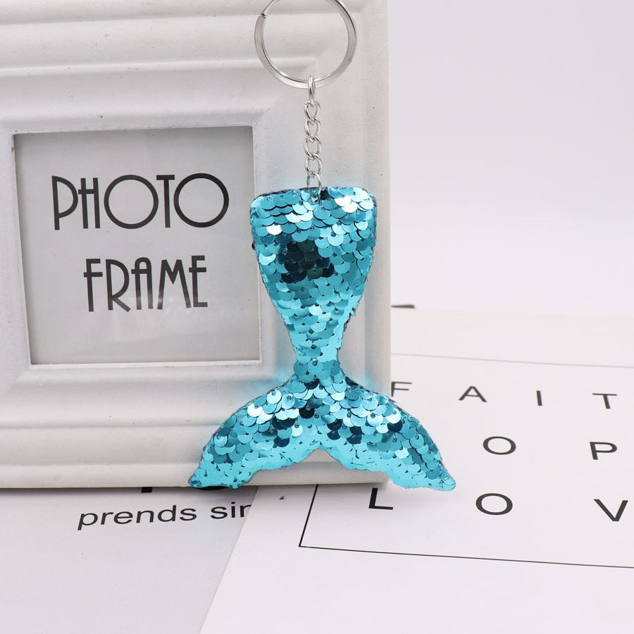 Blue Mermaid Tail Sequins Keychain for Women Ladies Mom Gift Keyring Girl Car