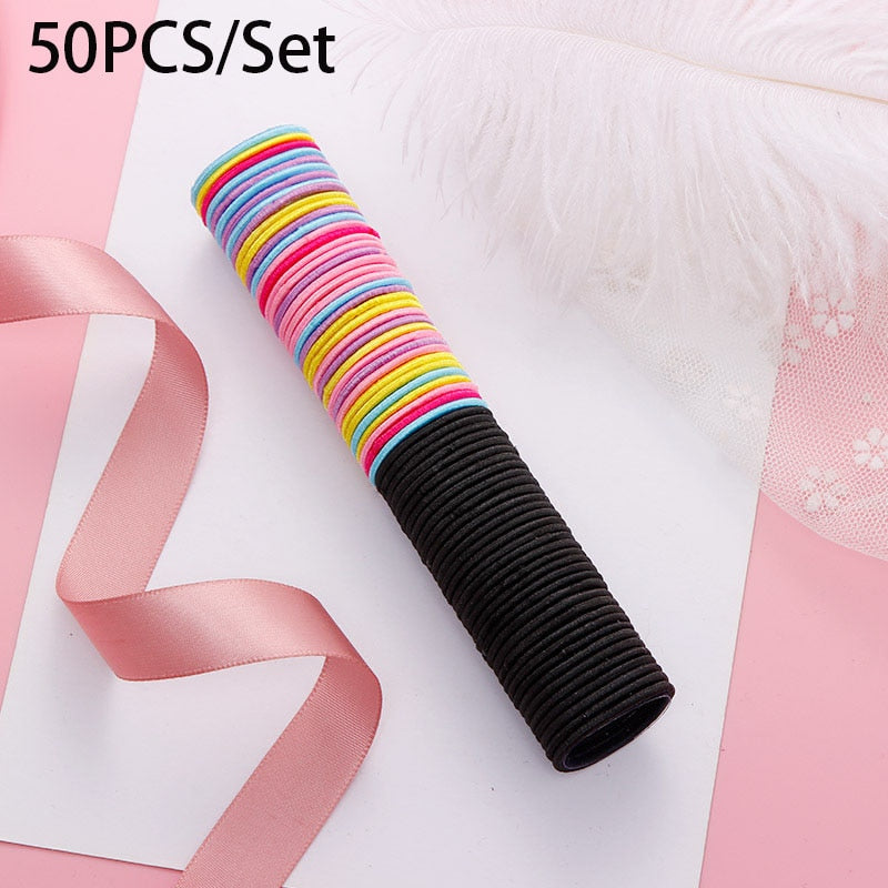 50pcs Mixed Color Girls Elastic Hair Bands Rubber Band Headwear Hair Accessories