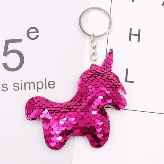 Hot Pink Cartoon Unicorn Sequins Keychain for Women Ladies Mom Gift Keyring Girl