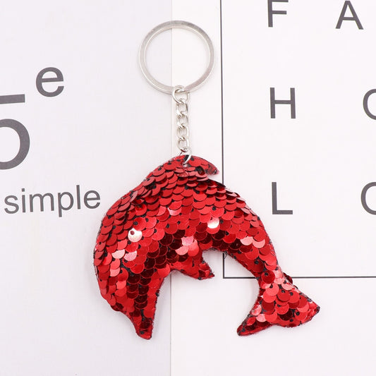 Red Dolphin Sequins Keychain for Women Ladies Mom Gift Keyring Girl Car Bag