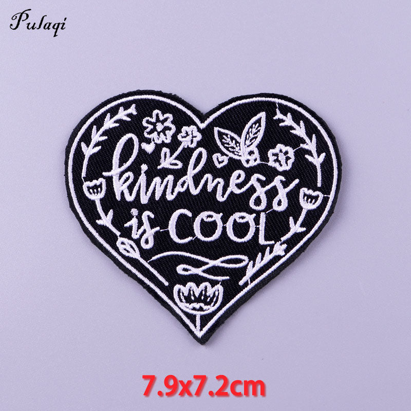 Kindness Cool Black Flower Heart Patches Iron on Patch For Clothing Embroidery