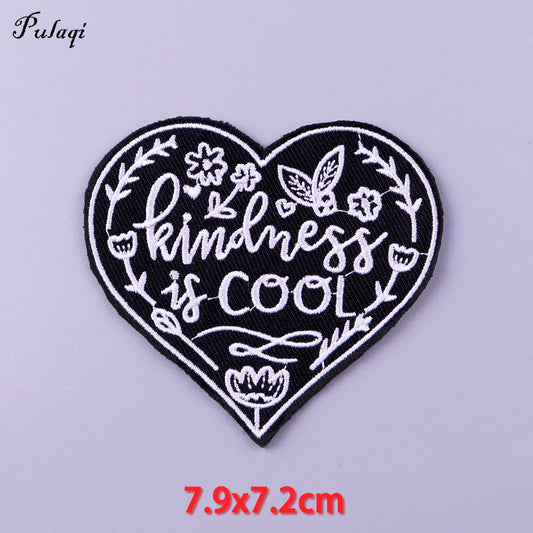 Kindness Cool Black Flower Heart Patches Iron on Patch For Clothing Embroidery