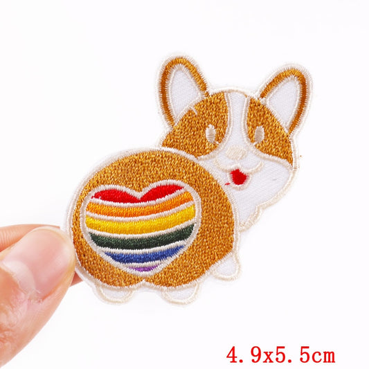 Rainbow Heart Butt Corgi Dog Cartoon Patches Clothing Sticker Patch Decal