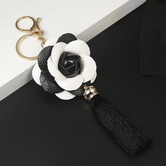 Black And White Flower Rose Tassel Keychain for Woman Jewelry Bag Decoration Bag