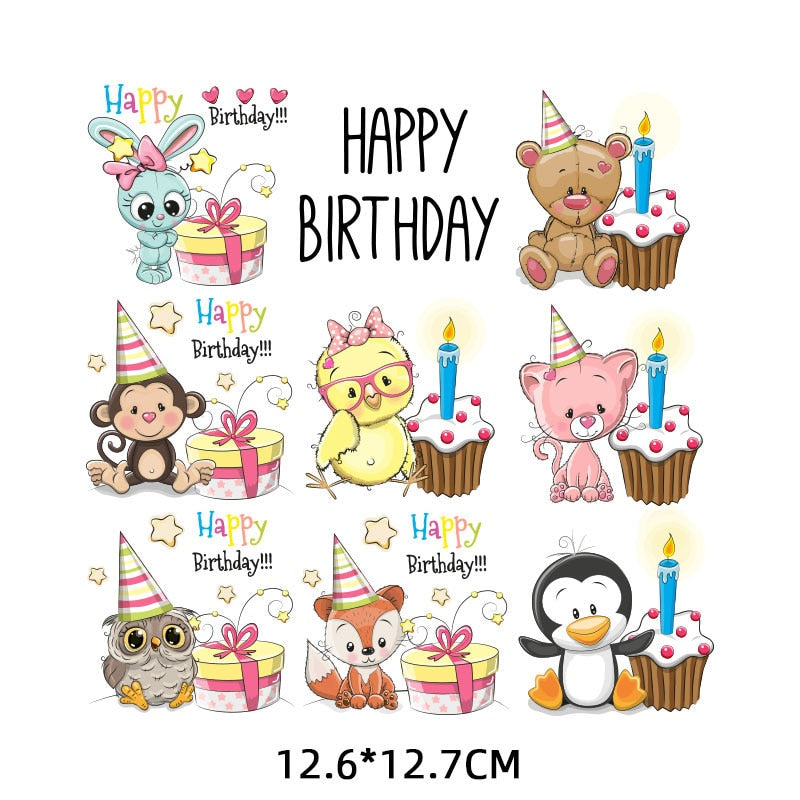 Happy Birthday Zoo Animal Set Iron on Patches Kids Birthday Stickers Cartoon