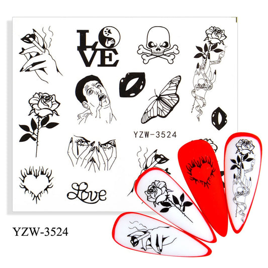 Love Heart Rose Skull Nail Stickers Patten Nail Art Decals DIY Nails Watermark