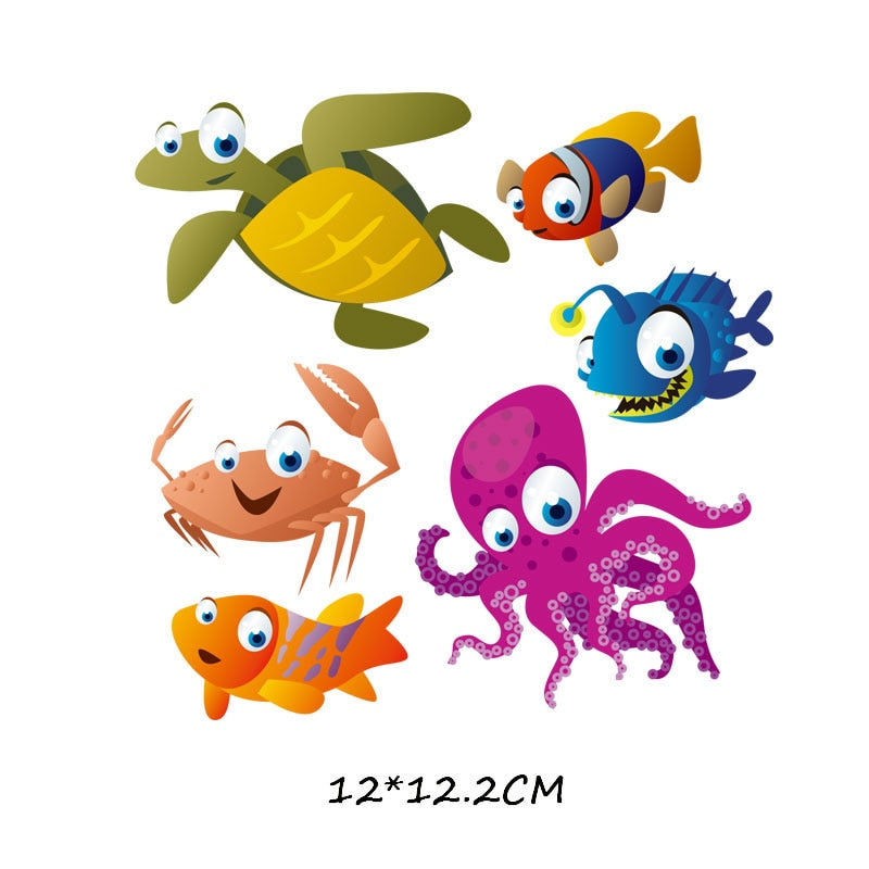 Sea Animals Patches Kids Turtle Fish Crab Stickers Cartoon T-shirt Patch DIY