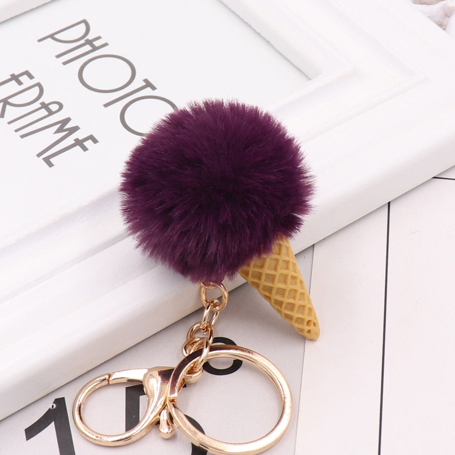 11 Styles Ice Cream Keychain Soft Artificial Rex Rabbit Hair Ball Keyring Pom