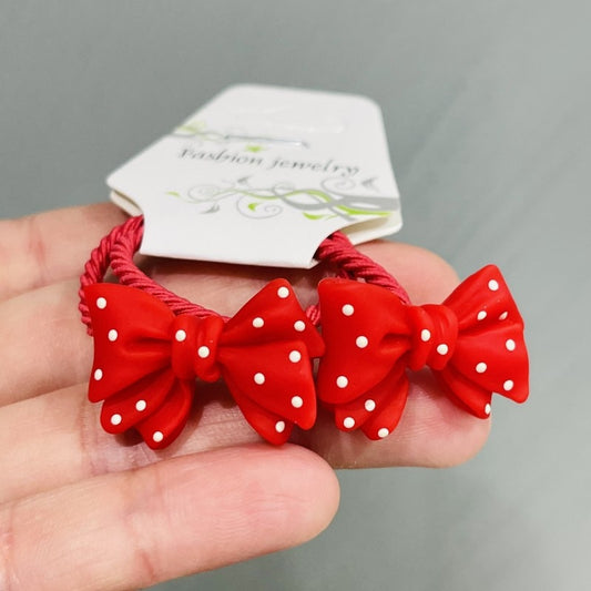 2Pcs Classic Red Bow Polka Dot Decor Girls Elastic Hair Bands Ponytail Hair Ties