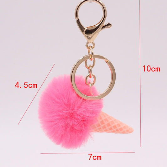 Hot Pink Ice Cream Keychain Soft Artificial Rex Rabbit Hair Ball Keyring Pom Pom