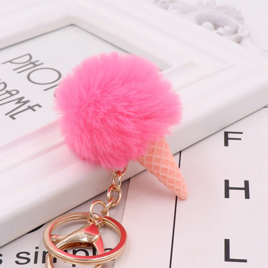 Hot Pink Ice Cream Keychain Soft Artificial Rex Rabbit Hair Ball Keyring Pom Pom