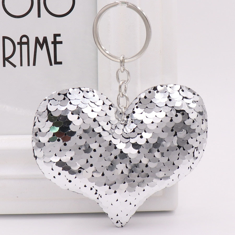 Silver-colored Heart Sequins Keychain for Women Ladies Mom Gift Keyring Girl Car