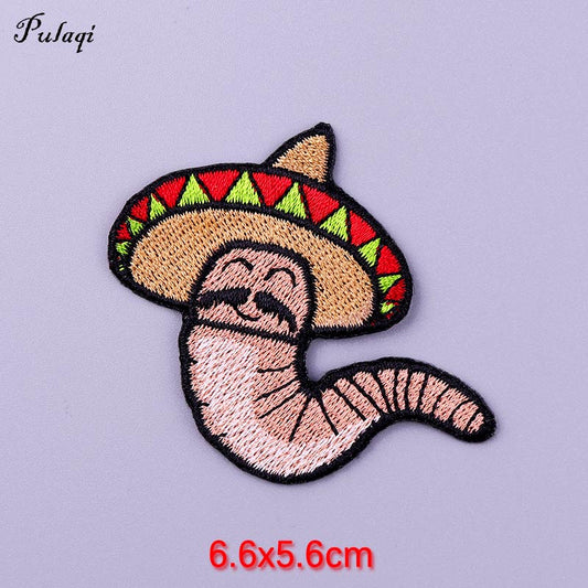 Mexican Sombrero Worm Patch Iron On Patches Clothes Cartoon Stickers Embroidered