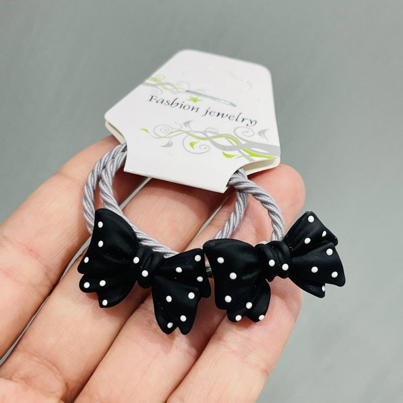 2Pcs Black Polka Dot Bow Girls Elastic Hair Bands Ponytail Hair Ties Kids