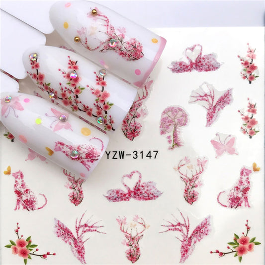 Pink Swan Deer Cat Nail Sticker Summer Nail Design Decorations Nails Decals Art