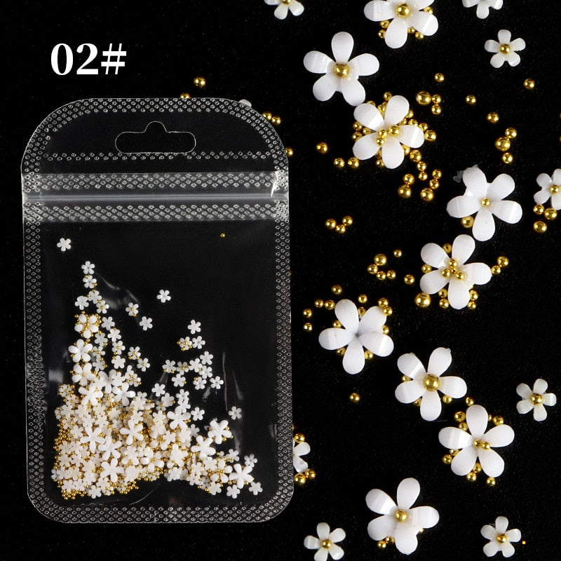 White Flowers Gold Dots Nail Art Charms DIY Flatback 3D Nail Decoration Nail