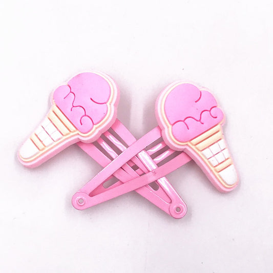 2Pcs Ice Cream Cone Decor Pink Snap Clips Hairpins Cartoon Barrettes Kids Hair