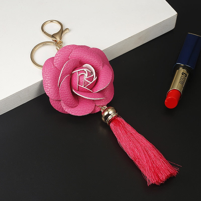 Pink Flower Rose Tassel Keychain for Woman Jewelry Bag Decoration Bag Charm