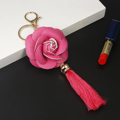 9 Styles PU Leather Flower Rose Tassel Keychain for Woman Jewelry Bag Decoration