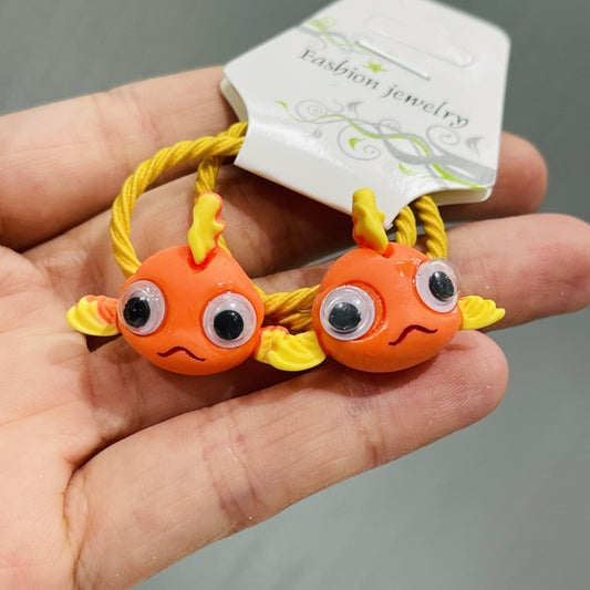 2Pcs Gold Fish With Funny Eyes Girls Rubber Hair Clips Elastic Bands Children