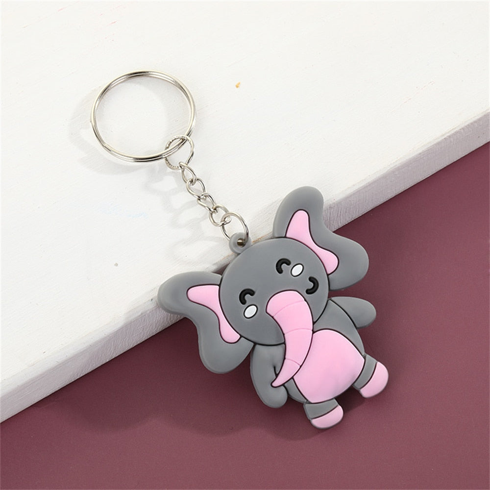 Grey Pink Elephant Simulation Animal PVC Keychain Charms Car Key Ring Bag