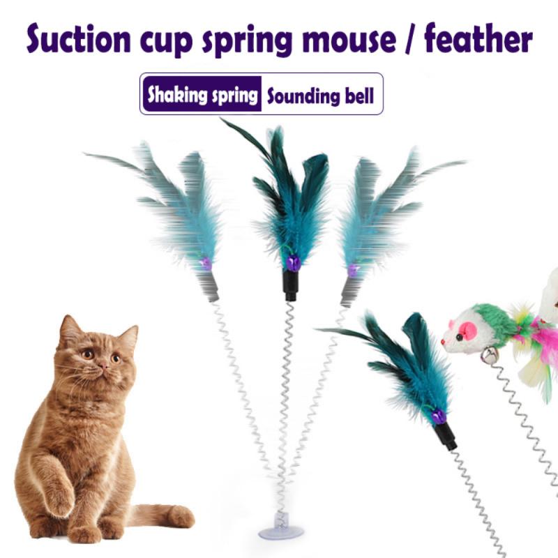 Spring Cat Toy Funny Suction Cup Spring Mouse Feather Pet Toy Multicolored Cat