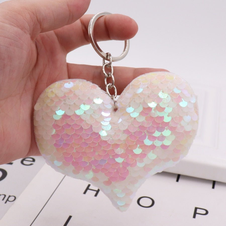 White Sequins Heart Keychain for Women Ladies Mom Gift Keyring Girl Car Bag