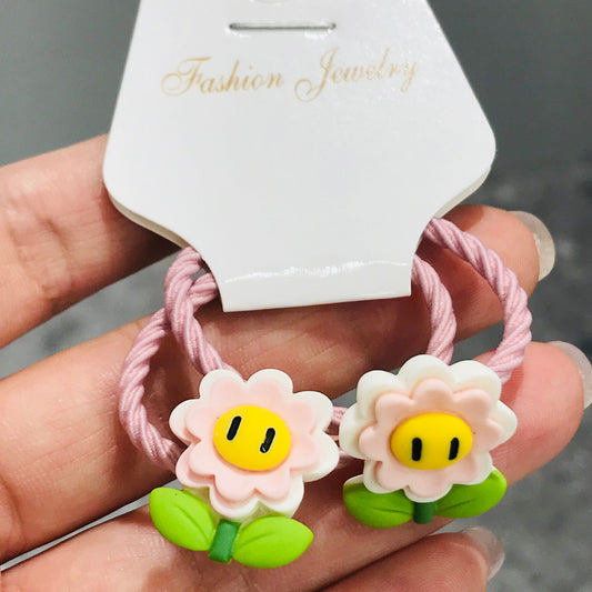 2Pcs Flower Emoji Girls Elastic Hair Bands Ponytail Hair Ties Kids Headband