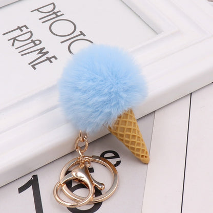 Baby Blue Ice Cream Keychain Soft Artificial Rex Rabbit Hair Ball Keyring Pom