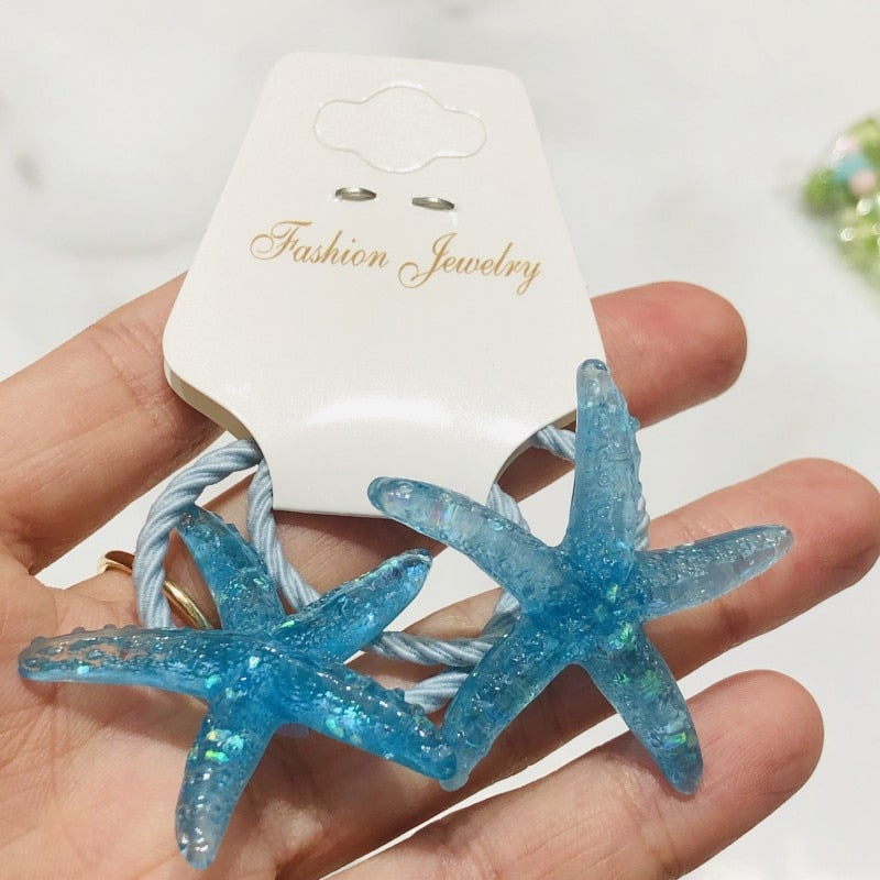 2Pcs Blue Starfish Children Elastic Hair Bands Kids Art Hair Ties Scrunchie