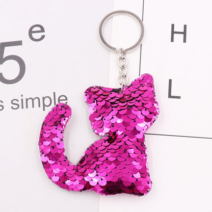 Hot Pink Cat Sequins Keychain for Women Ladies Mom Gift Keyring Girl Car Bag