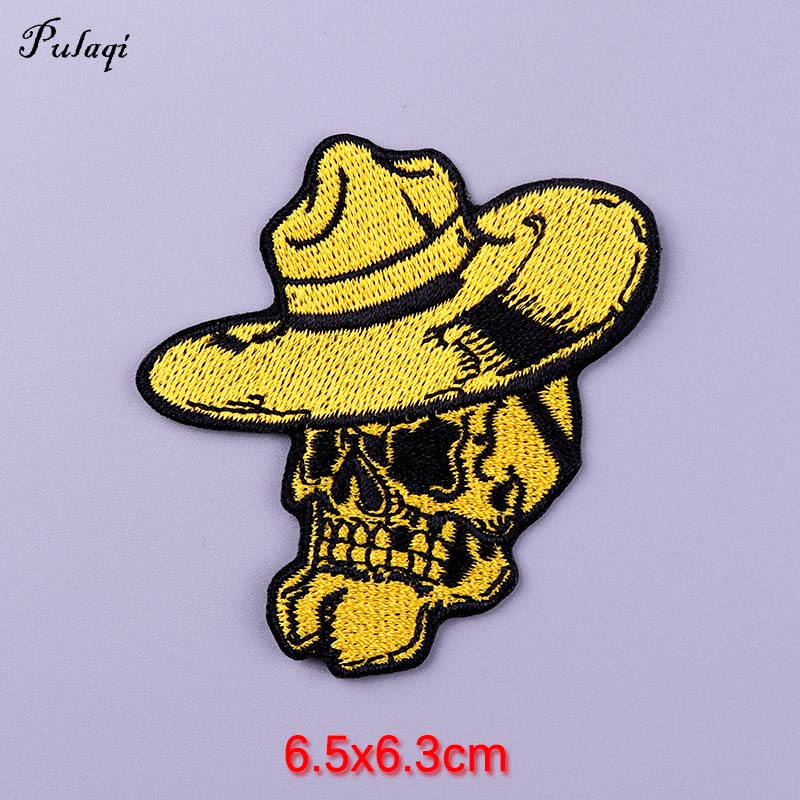 Yellow Old Skull With Hat Patch Iron On Patches Clothes Cartoon Stickers