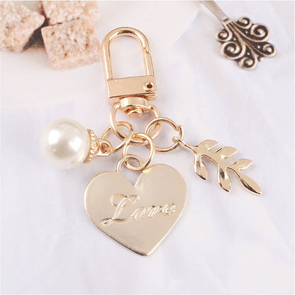 Love Heart Pearl Keychain Charms Ins Metal Accessories Ladies Bag Ornaments