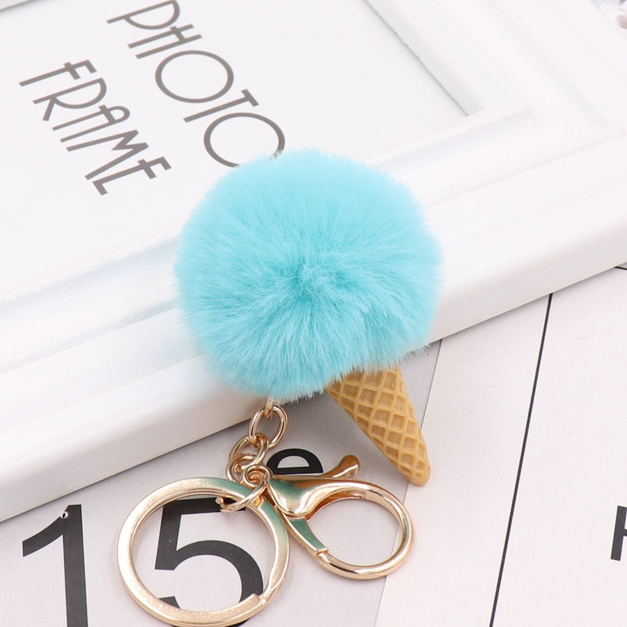 Sky Blue Ice Cream Keychain Soft Artificial Rex Rabbit Hair Ball Keyring Pom Pom