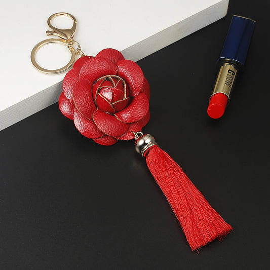 Red Flower Rose Tassel Keychain for Woman Jewelry Bag Decoration Bag Charm