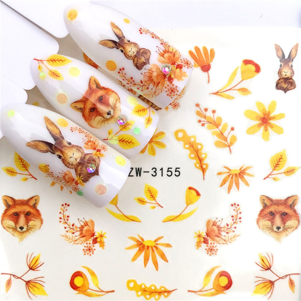 Rabbit Fox Fall Flowers Nail Sticker Summer Nail Design Decorations Nails Decals