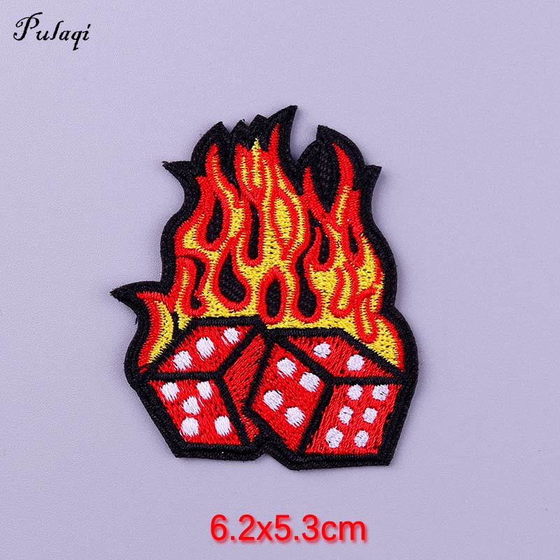 Red Dice And Fire Patch Iron On Patches Clothes Cartoon Stickers Embroidered