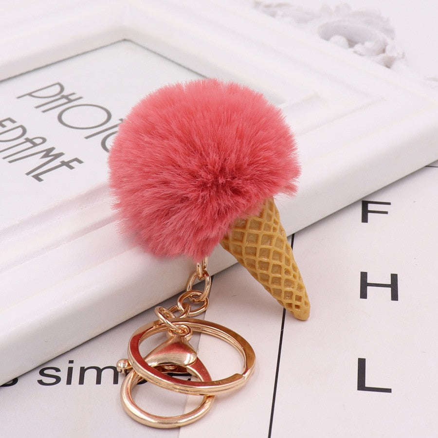 Bean Pink Ice Cream Keychain Soft Artificial Rex Rabbit Hair Ball Keyring Pom