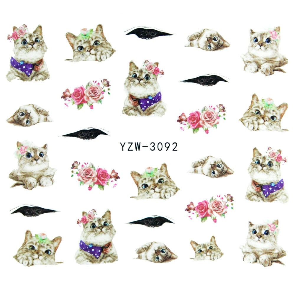 Cat Flowers Nail Stickers Patten Nail Art Decals DIY Nails Watermark