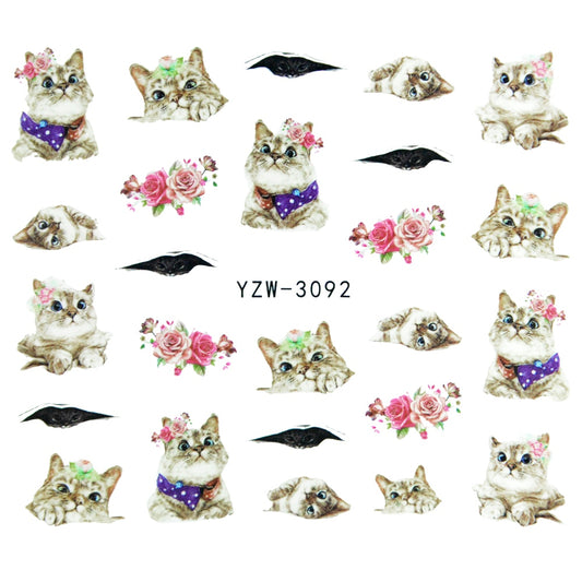 Cat Flowers Nail Stickers Patten Nail Art Decals DIY Nails Watermark