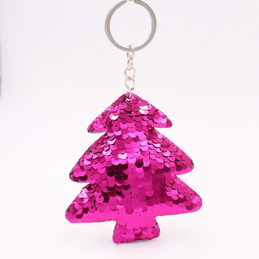 Hot Pink Christmas Tree Sequins Keychain for Women Ladies Mom Gift Keyring Girl
