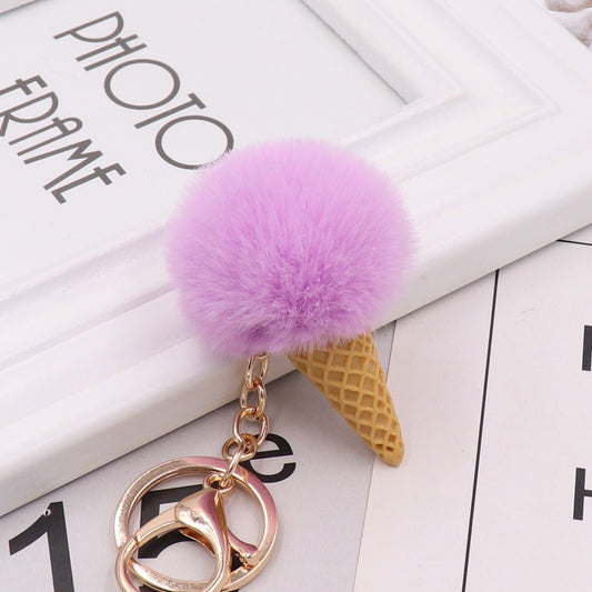 Purple Ice Cream Keychain Soft Artificial Rex Rabbit Hair Ball Keyring Pom Pom