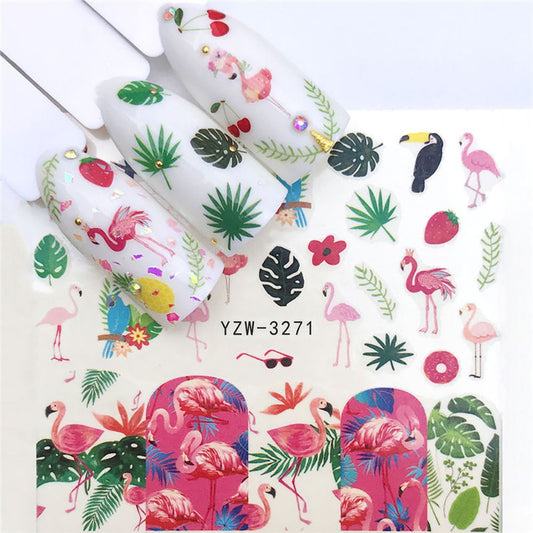 Pink Flamingo and Tropical Leaf Nail Sticker Summer Nail Design Decorations