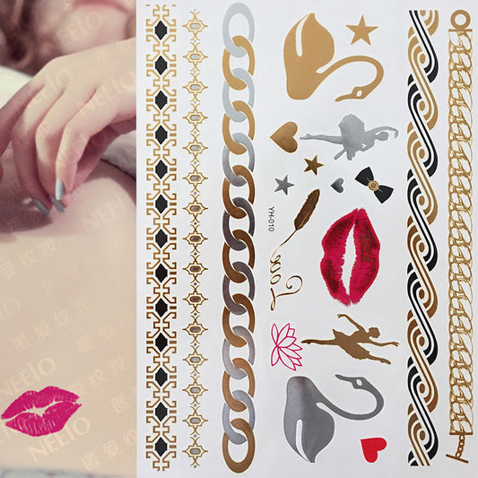 1 sheet Swan Lips Chain Temporary Tattoo Boho Body Skin Sticker Festival Decal