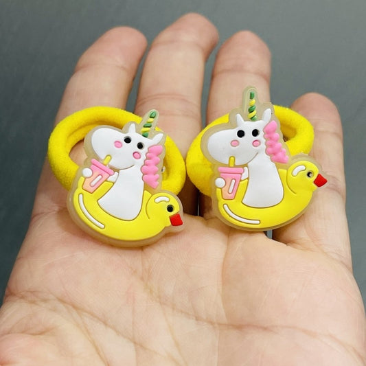 2Pcs Unicorn with Yellow Duck Girls Rubber Hair Clips Elastic Bands Children